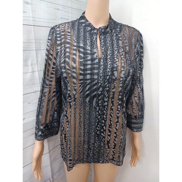Chicos Travelers Womens  Cardigan 2 (L) Black Gray Stripe Lace Semi Sheer Zip Up - Picture 1 of 8